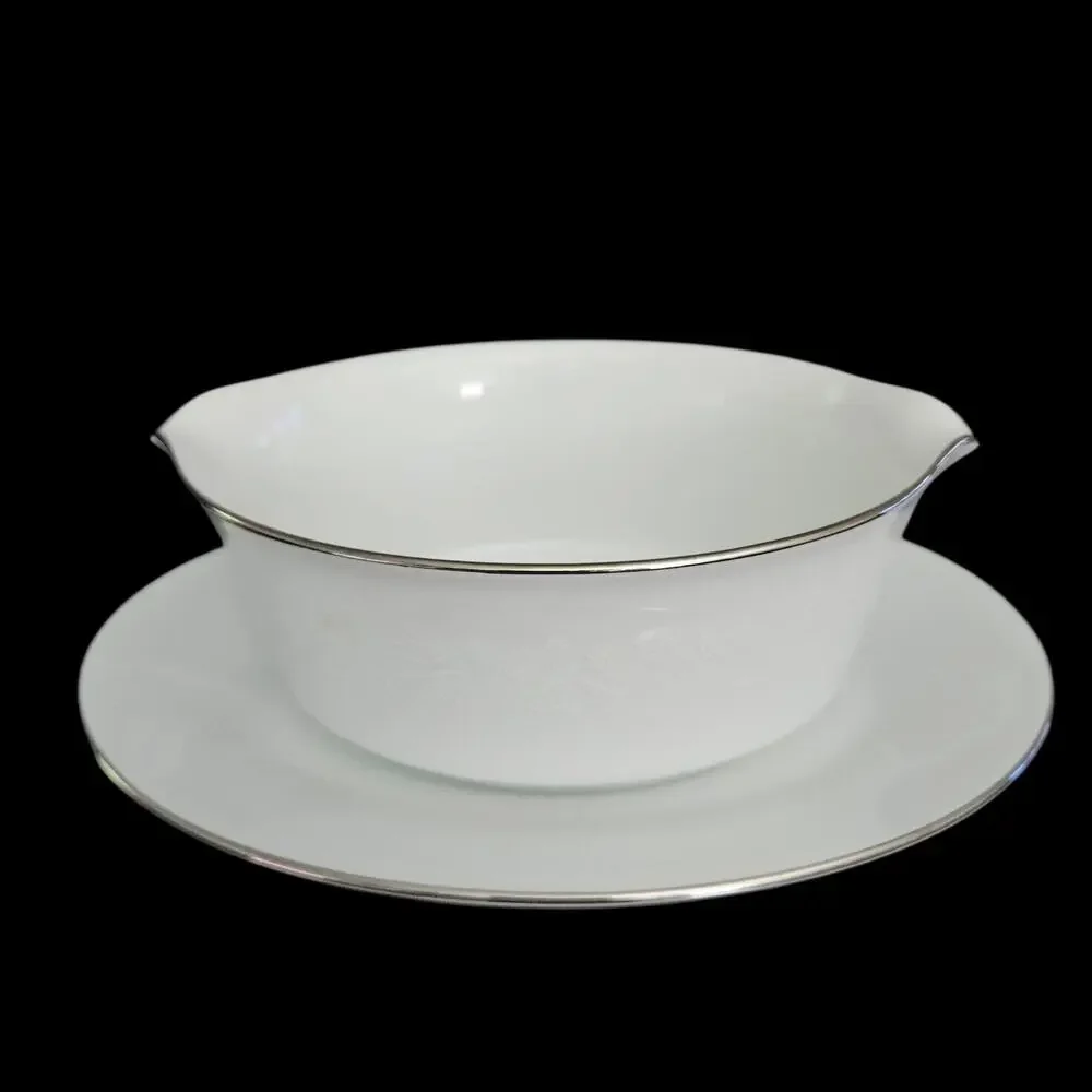 Noritake Reina 6450 Gravy Boat w Attached Underplate White Floral Platinum Trim